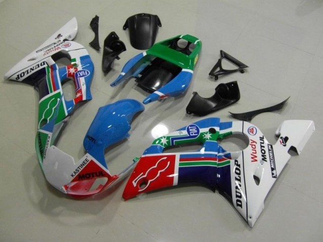 Carene Moto Yamaha R6 1998-2002 - Blu Bianco Verde Rosso Wudy Motul Dunlop Carene Moto Yamaha R6 1998-2002 - Blu Bianco Verde Rosso Wudy Motul Dunlop